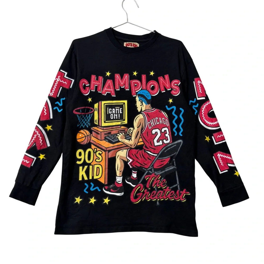90's Kid BrandMakers Long Sleeve Shirt Mens Medium Black Retro Gaming Basketball